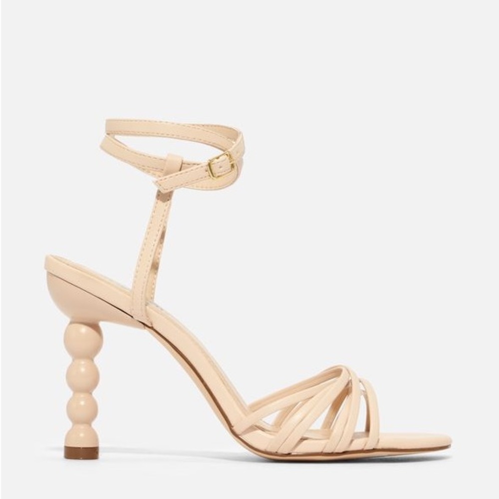 JustFab Sculptural Heeled Sandal with Double Ankle Strap, Ivory/Cream, JustFab